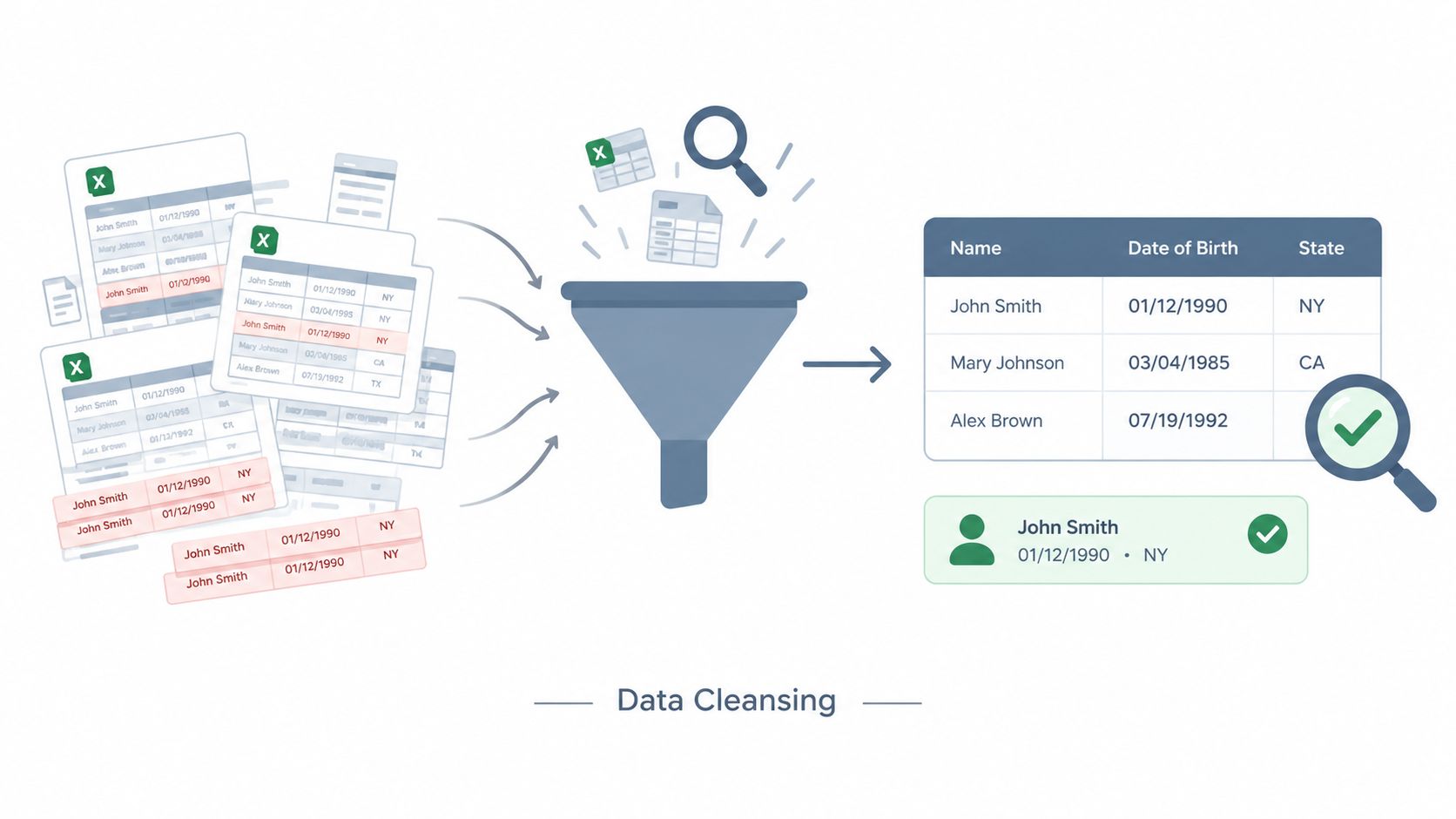 An illustration showing multiple scattered data files being filtered into a clean, unified table format.
