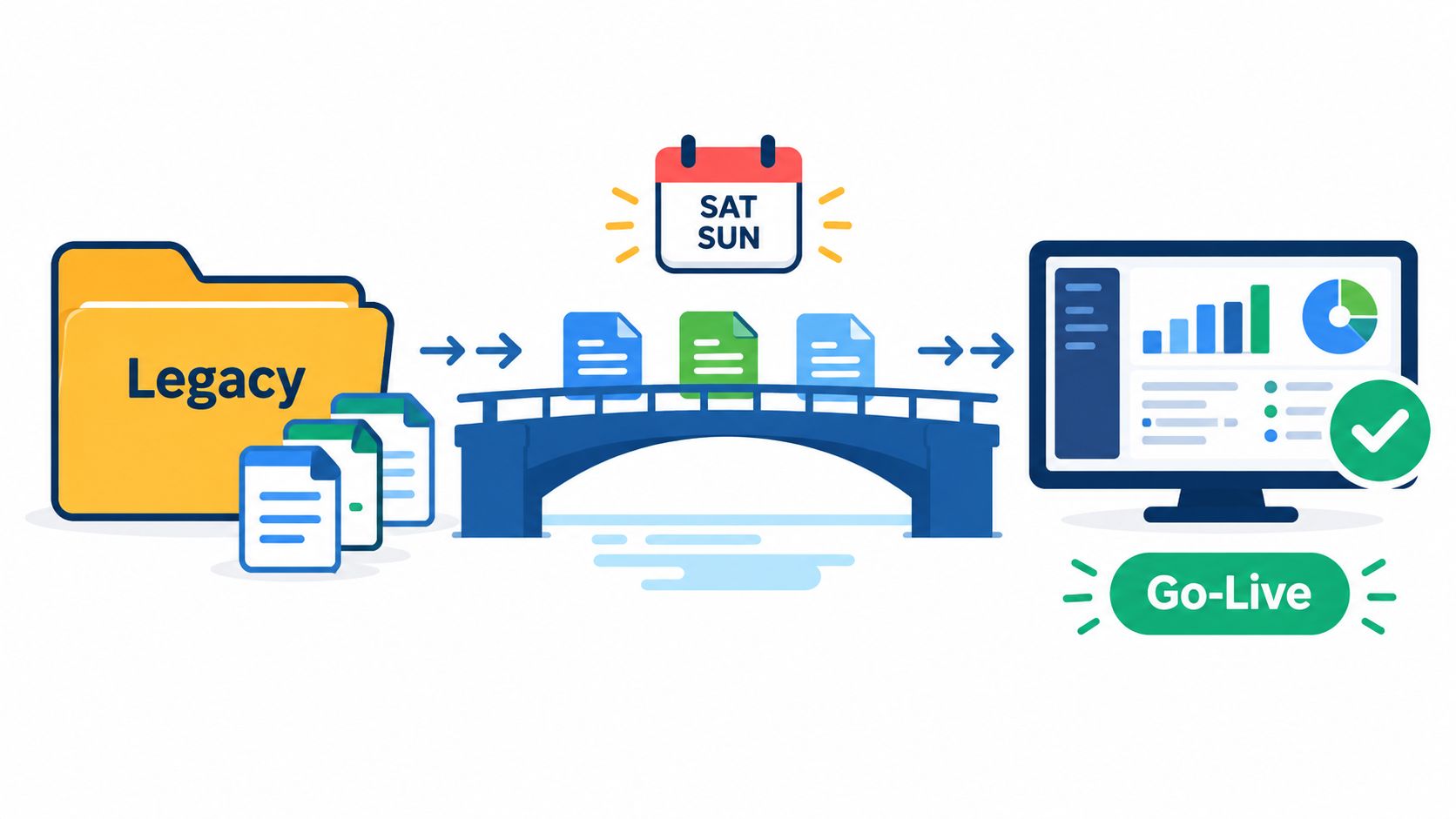 A digital illustration showing the process of migrating legacy data over a weekend to a live dashboard.