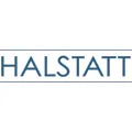 Halstatt wordmark logo in slate blue capitals above a thin horizontal rule, a Sage Intacct customer reference published by Sage