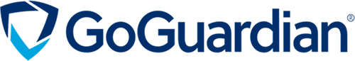 GoGuardian wordmark in dark navy lettering beside a shield-shaped mark in navy and cyan, with a small registered trademark symbol at the end