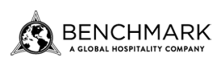 Benchmark wordmark in black beside a circular globe emblem set inside a four-pointed star outline, with the line A Global Hospitality Company in small capitals underneath