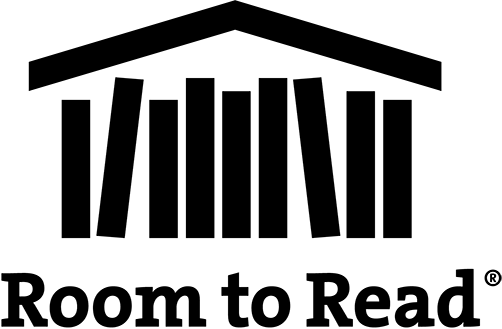 Room to Read wordmark logo with a stylized open book and roofline mark above the organization name in black