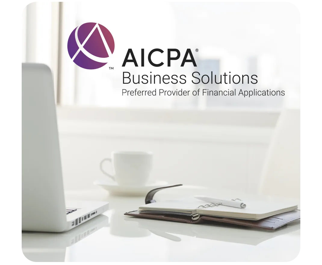 AICPA Business Solutions badge naming Sage Intacct the preferred provider of financial applications, shown beside a laptop and notebook on a desk
