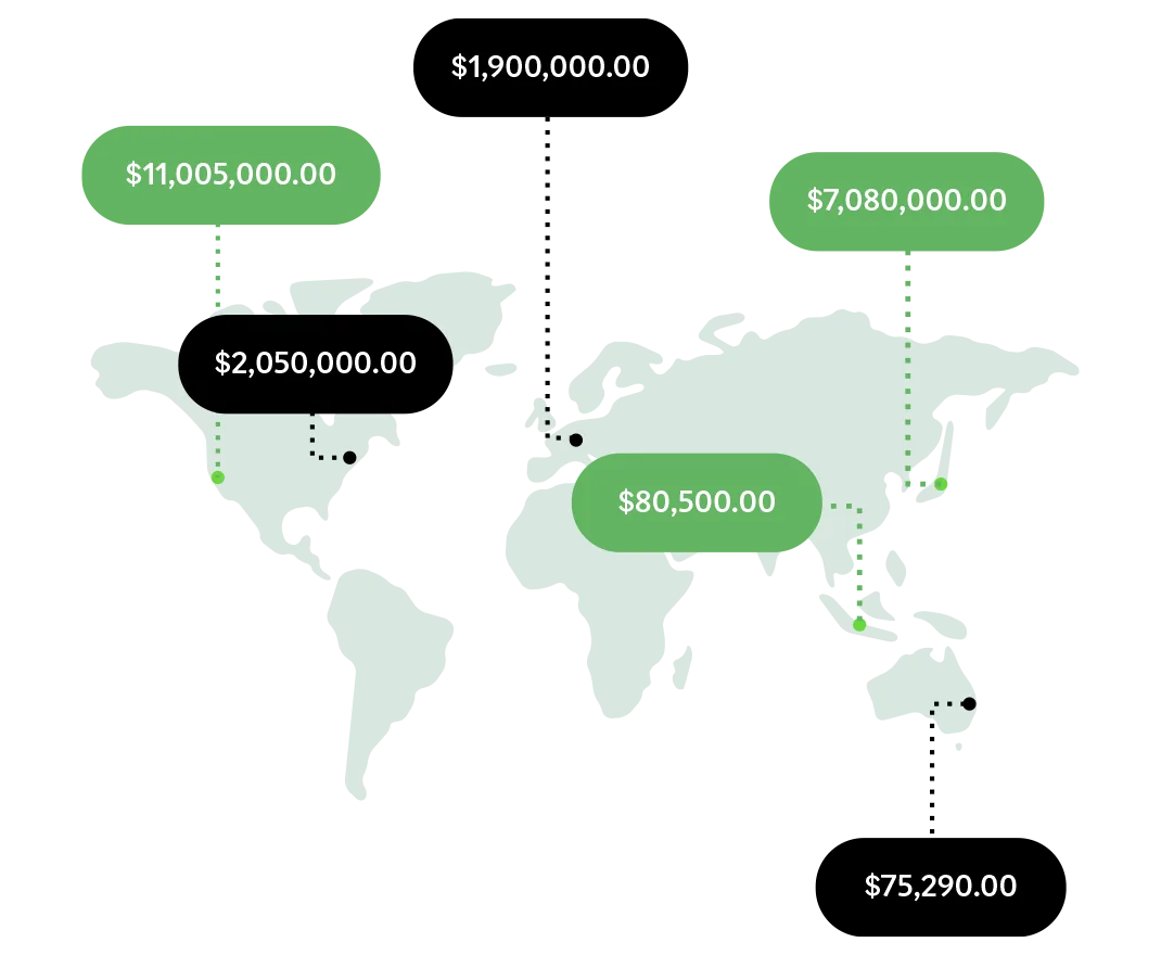 World map view of Sage Intacct cash balances by location, with balance callouts pinned to sites in North America, Europe, Asia and Australia to show total cash position across regions