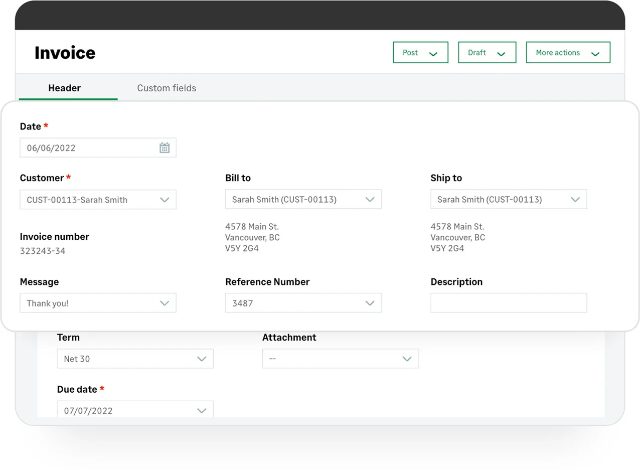 Sage Intacct invoice entry screen showing date, customer, bill to and ship to addresses, invoice number, message, reference number, a payment term of Net 30 and a due date field