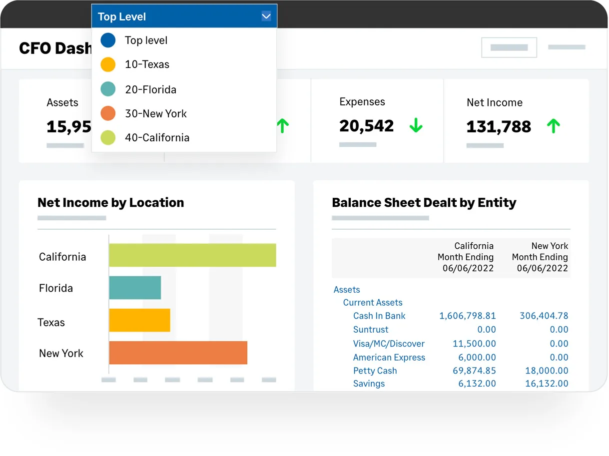 Sage Intacct CFO dashboard with the entity filter open showing top level plus four state entities, above a net income by location bar chart and a balance sheet detail table comparing two entities