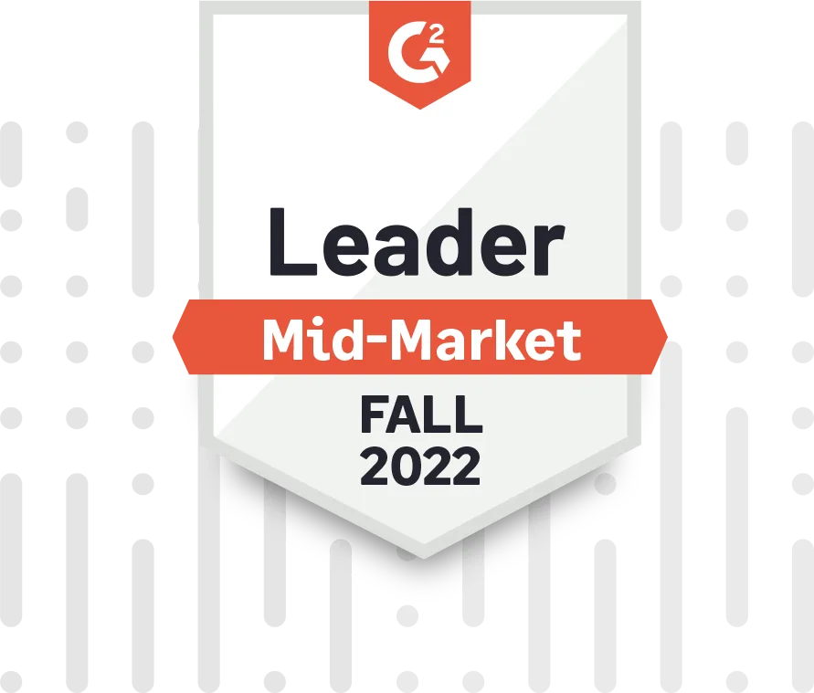 G2 Leader badge for the mid-market segment, Fall 2022: a white shield with the orange G2 logo above the word Leader and an orange Mid-Market banner across it