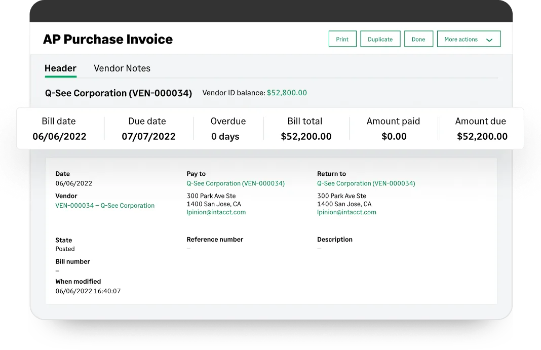 Sage Intacct AP purchase invoice record showing vendor Q-See Corporation with bill date, due date, days overdue, bill total, amount paid and amount due, plus vendor address, state and modification history