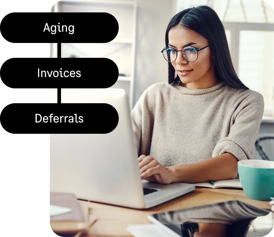 Sage illustration with three stacked pill-shaped labels reading Aging, Invoices and Deferrals linked in a column, beside a photograph of a woman in glasses working at a laptop