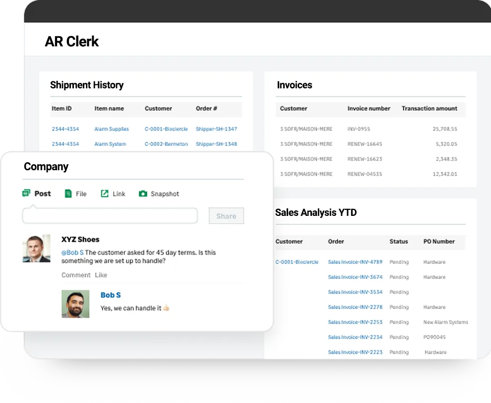 Sage Intacct AR clerk dashboard showing shipment history, an invoice list, year to date sales analysis and an inline team discussion thread