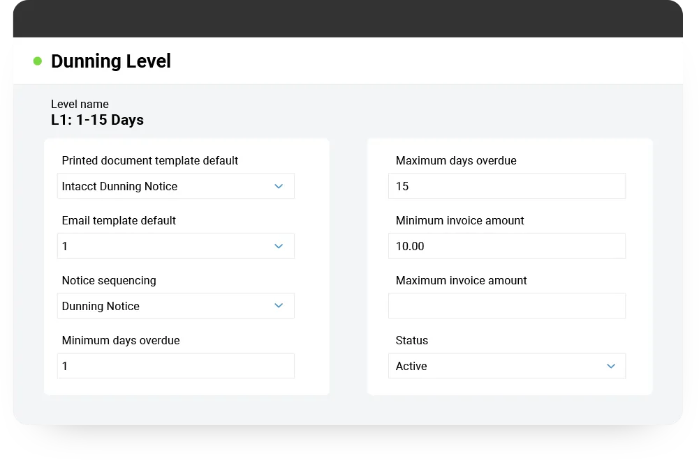 Sage Intacct dunning level configuration screen showing minimum and maximum days overdue, invoice amount thresholds and notice template selection