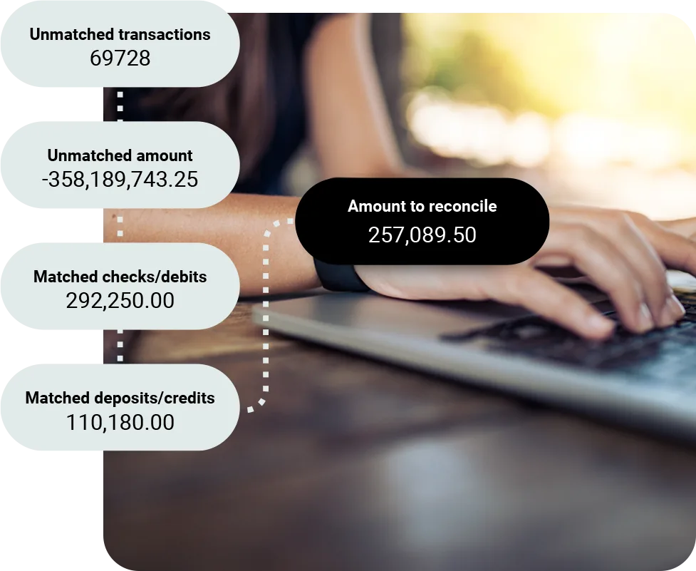Sage Intacct bank reconciliation summary showing labelled totals for unmatched transactions, unmatched amount, matched checks and debits, matched deposits and credits, and the resulting amount to reconcile, displayed over a photo of someone working at a laptop