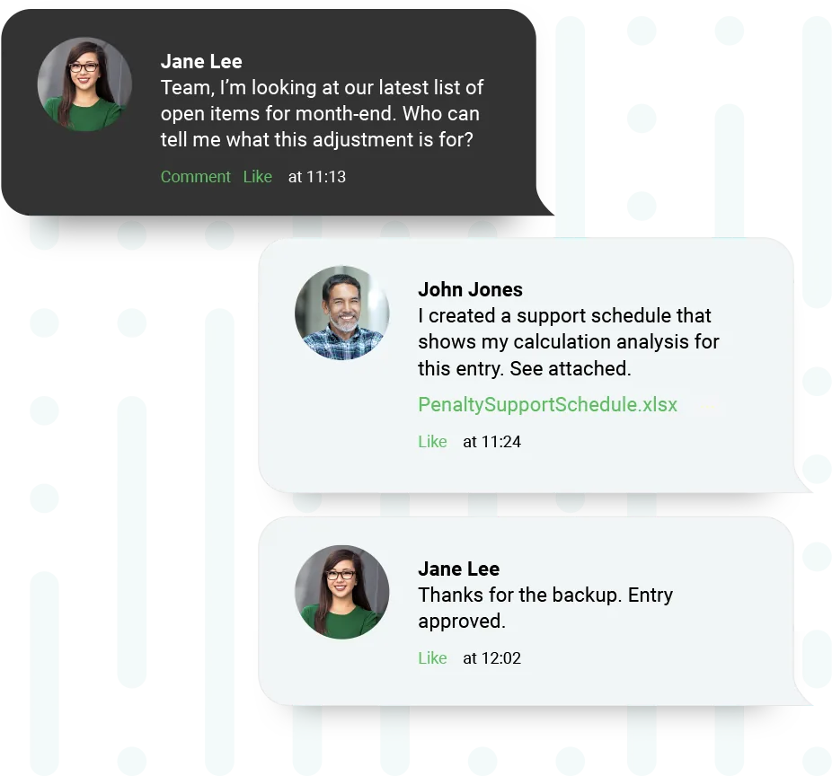 Sage Intacct Collaborate comment thread in which one user asks what a month-end adjustment is for, a colleague replies with an attached penalty support schedule spreadsheet, and the first user confirms the entry is approved
