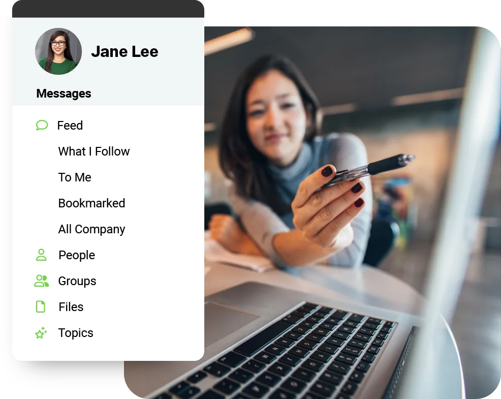 Sage Intacct Collaborate messages navigation panel listing Feed, What I Follow, To Me, Bookmarked and All Company views alongside People, Groups, Files and Topics, next to a finance user working at a laptop