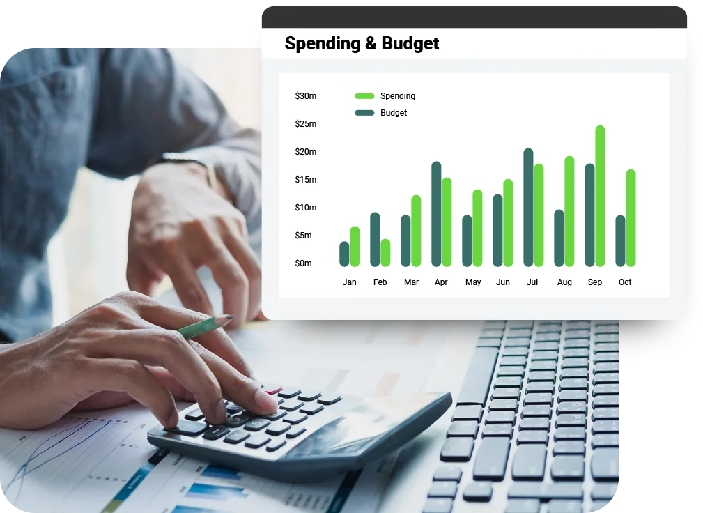 Sage Intacct spending and budget chart comparing monthly spending bars against budget bars from January through October, beside a project accountant working with a calculator and printed reports