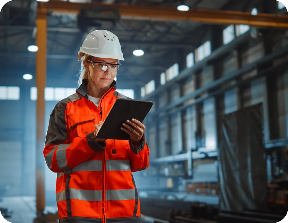 Construction project manager in a high-visibility jacket and hard hat reviewing figures on a tablet inside a fabrication facility