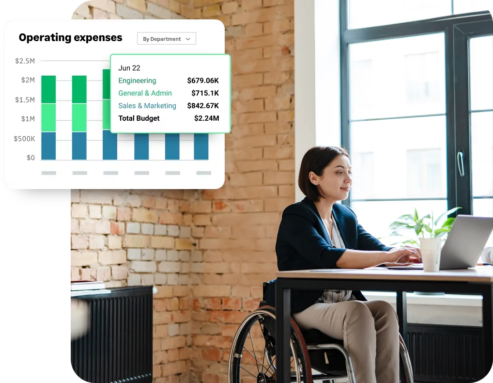 Sage Intacct operating expenses chart broken down by department with a hover panel showing engineering, general and admin, and sales and marketing budget figures for the month