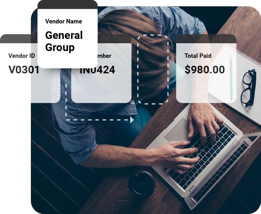 Sage Intacct vendor payment detail cards overlaid on a photograph of someone typing at a laptop, showing vendor ID V0301, vendor name General Group, invoice number IN0424 and a total paid of $980.00