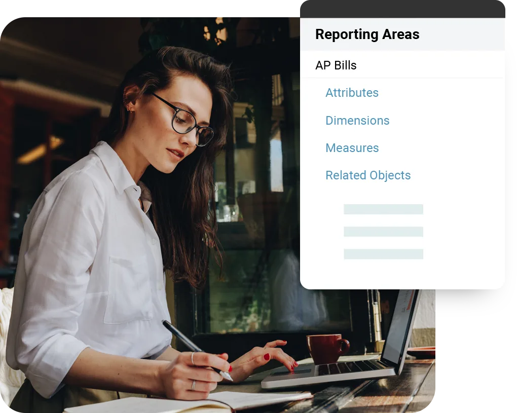 Sage Intacct reporting areas panel for AP Bills showing selectable attributes, dimensions, measures and related objects