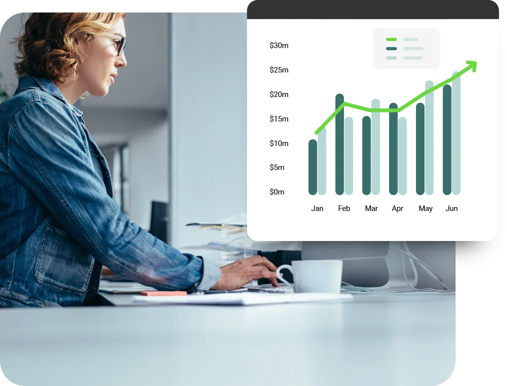 Sage Intacct revenue trend chart showing monthly bar totals from January to June against a rising green trend line, beside a finance manager working at a desktop computer