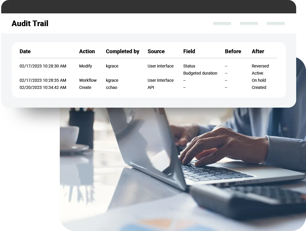 Sage Intacct audit trail table listing date and time, action taken, the user who completed it, the source of the change as user interface or API, and the field values before and after each modification