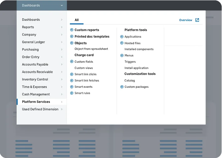 Sage Intacct platform services menu open beside module navigation for general ledger, purchasing, order entry, payables, receivables, inventory control and cash management, showing custom report, object and customisation tools