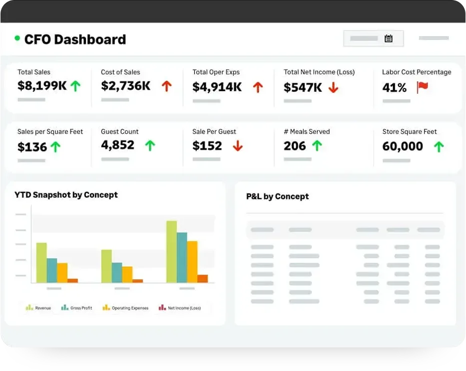 CFO dashboard tiles showing total sales, cost of sales, labour cost percentage and sales per square foot above year-to-date and profit and loss charts