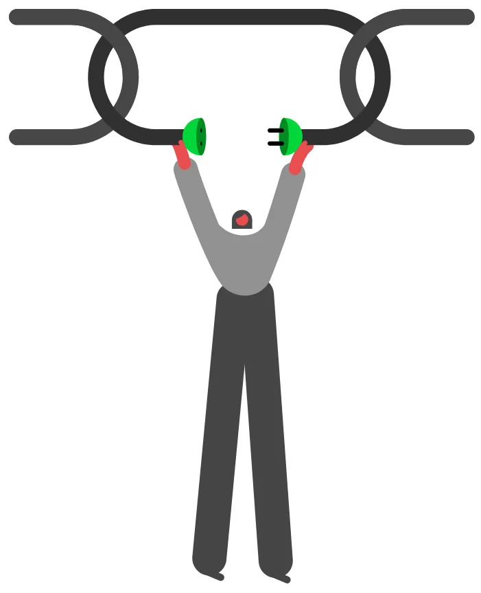 Illustration of a person holding two large plug connectors together to represent joining separate business systems