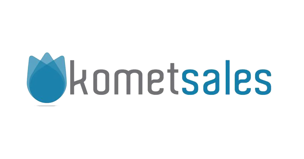 Komet Sales logo: a two-tone blue tulip petal mark beside the lowercase word komet in grey and the word sales in blue