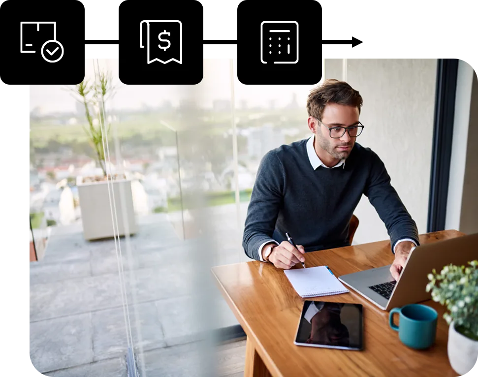 Illustration of an order-to-cash flow showing a fulfilled package icon, an invoice icon and a payment icon connected by an arrow, alongside a finance professional working at a laptop