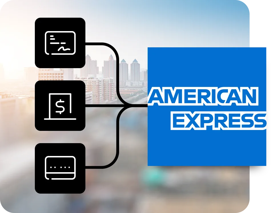 Icons for a signed check, a dollar bill and a payment card linked by black lines to the blue American Express logo over a faded city skyline
