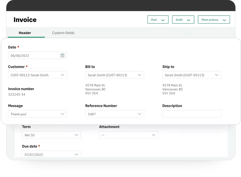 Sage Intacct invoice entry screen showing header fields for date, customer, bill-to and ship-to addresses, invoice number, message, reference number, payment term and due date
