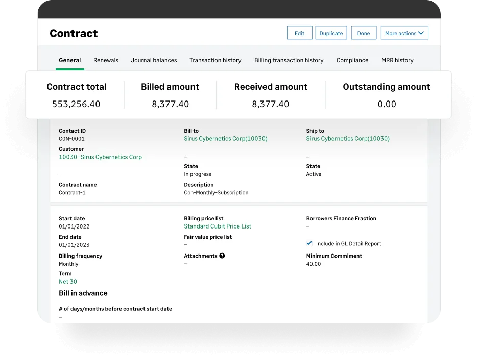 Sage Intacct contract record showing contract total, billed amount, received amount and outstanding amount, with customer, contract term, billing frequency and price list fields and tabs for renewals, journal balances and MRR history