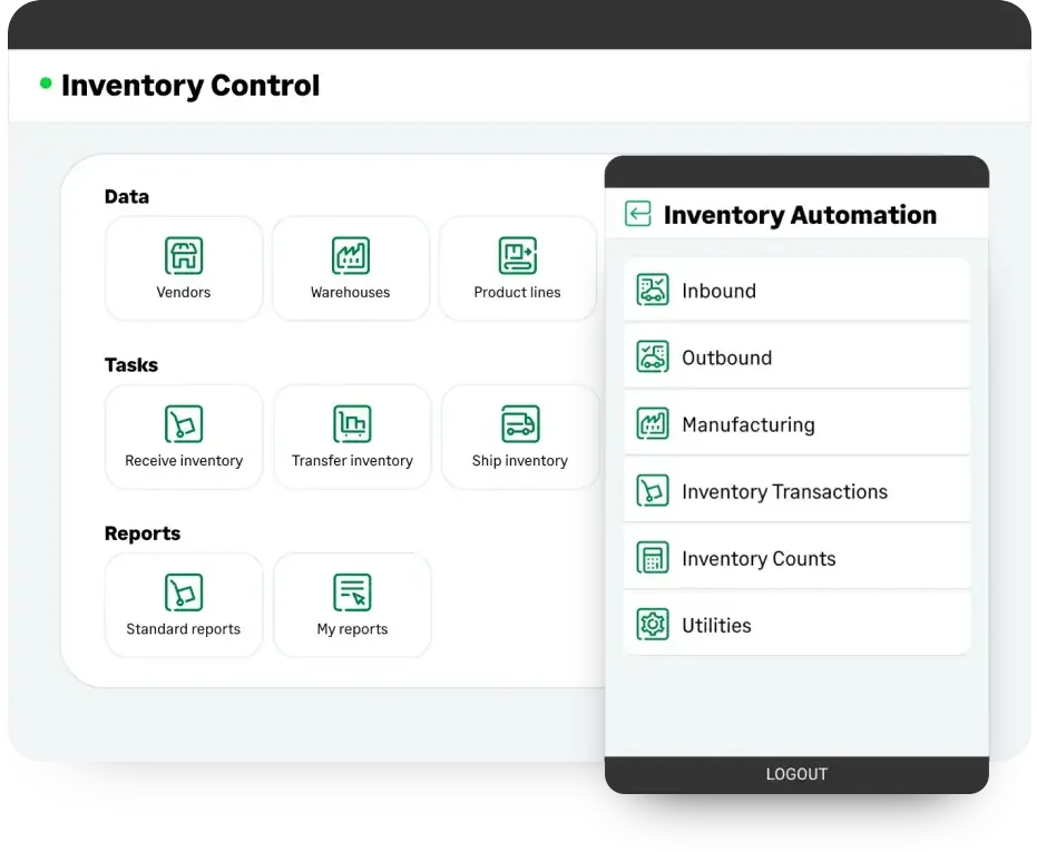 Sage Intacct Inventory Control module page listing vendors, warehouses and product lines under data, tasks for receiving, transferring and shipping inventory, and standard and custom reports, with a mobile inventory automation panel showing inbound, outbound, manufacturing, inventory transactions, inventory counts and utilities