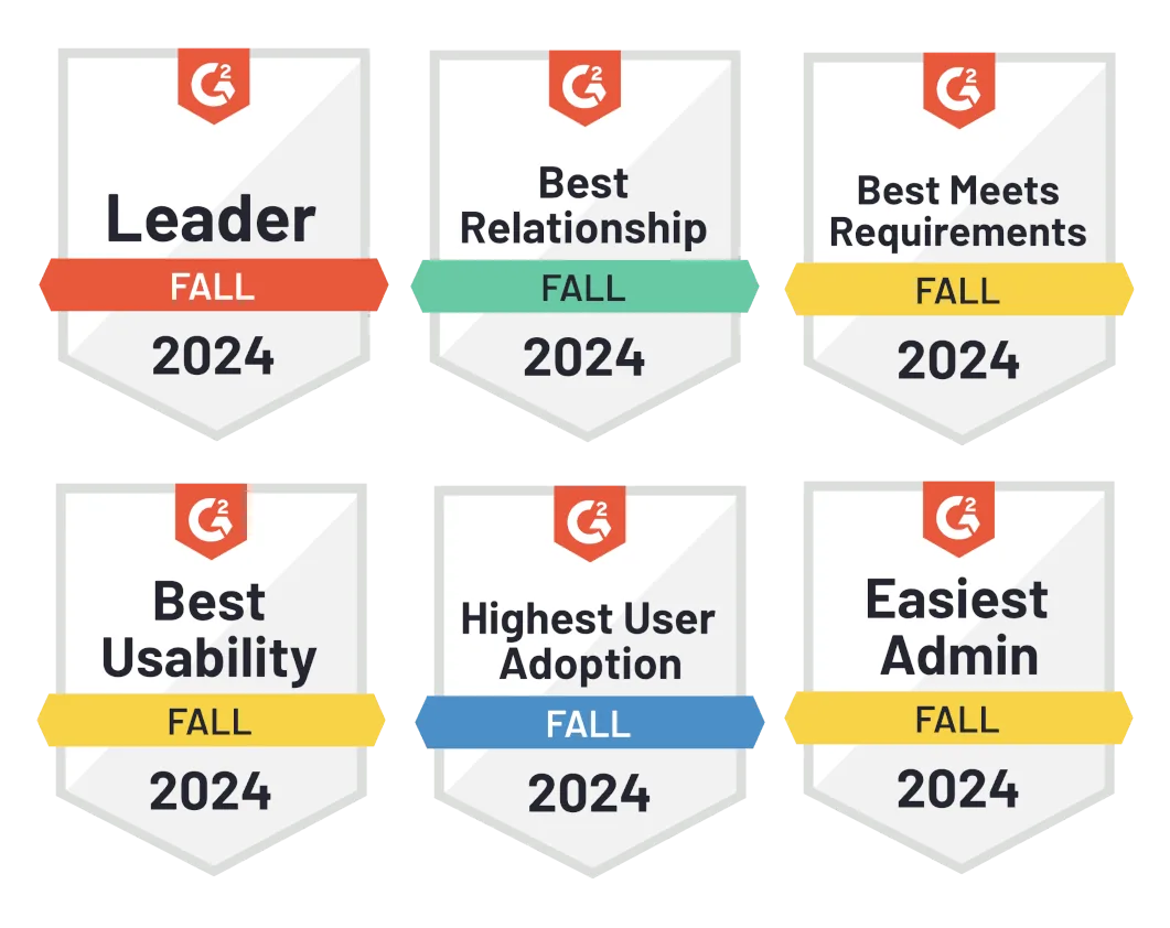 Six grey G2 shield badges for Fall 2024 reading Leader, Best Relationship, Best Meets Requirements, Best Usability, Highest User Adoption and Easiest Admin, each topped with the orange G2 logo