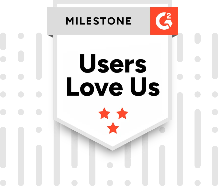 G2 Users Love Us milestone badge, a white shield with the orange G2 logo and three orange stars