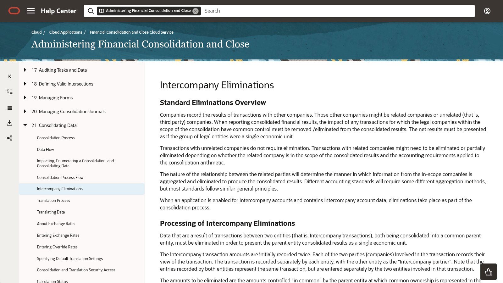 Oracle documentation page on intercompany eliminations