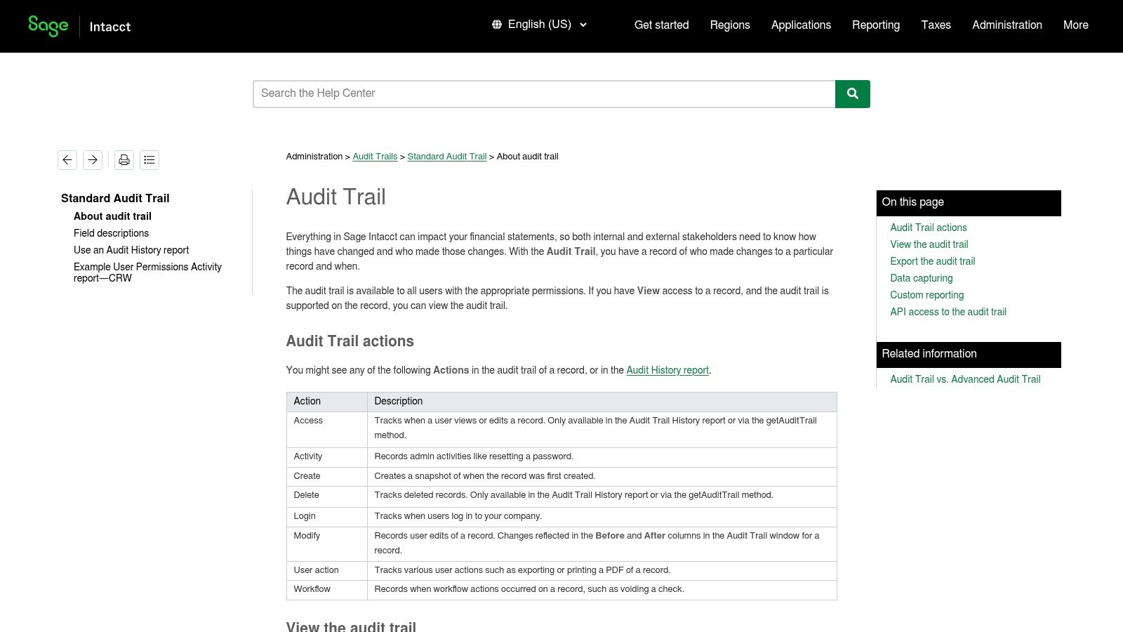 Sage Intacct audit trail documentation