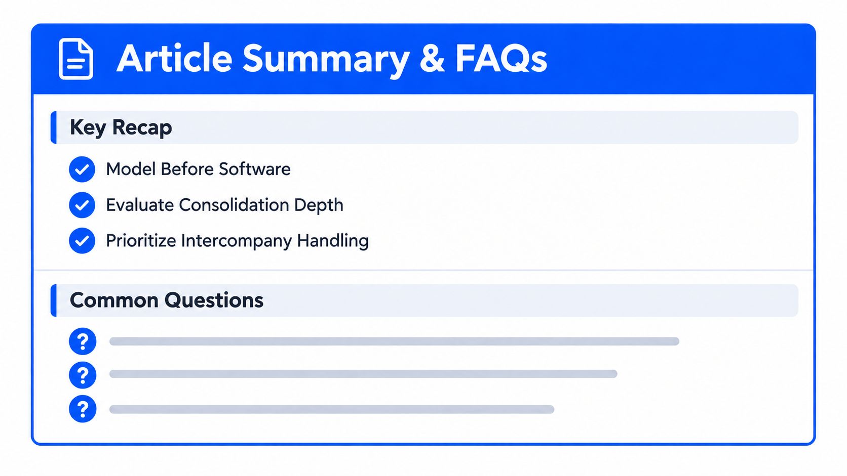A blue graphic showing an article summary titled Key Recap with checkmarks and a common questions section.