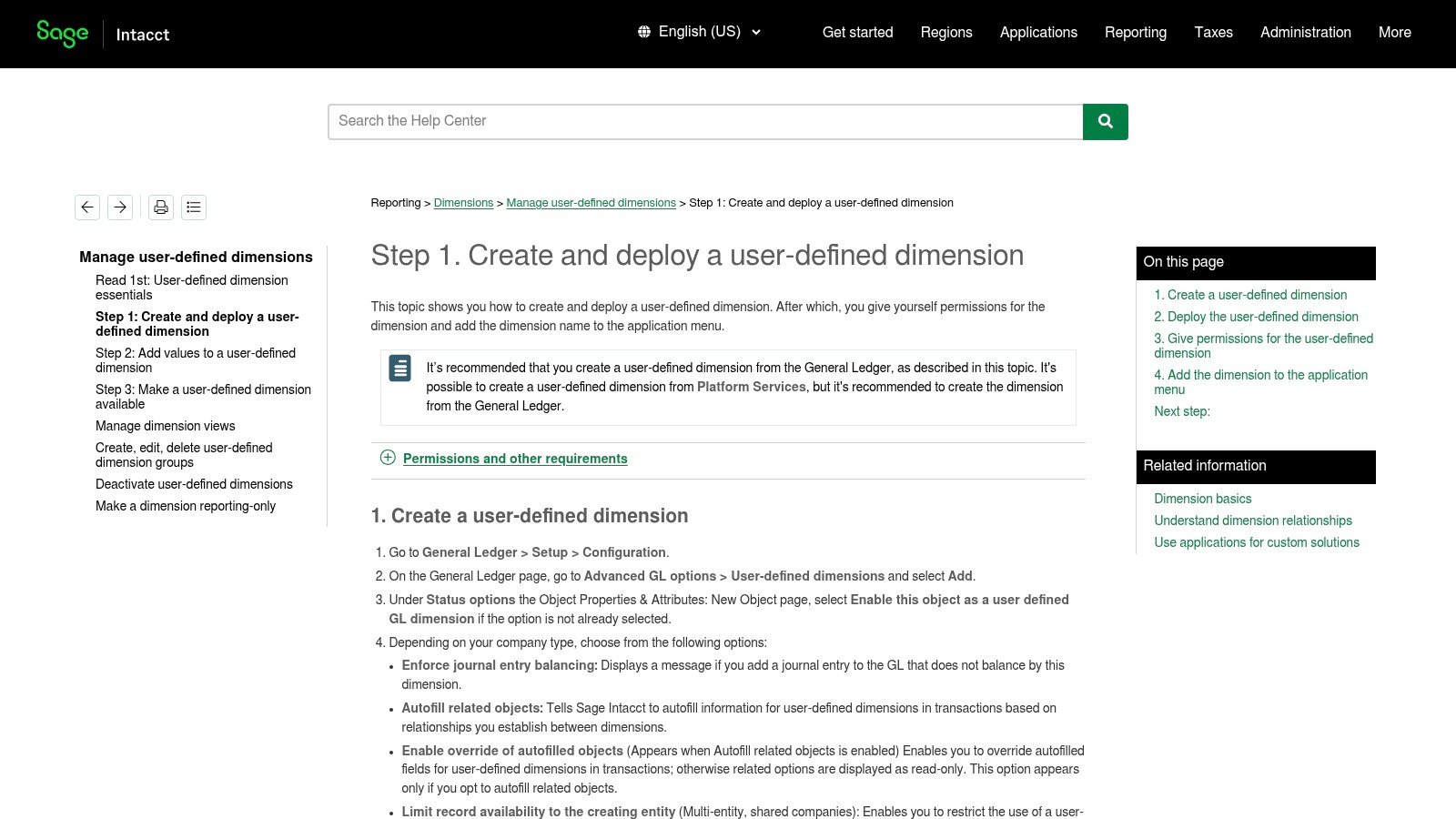 Sage Intacct user-defined dimensions documentation
