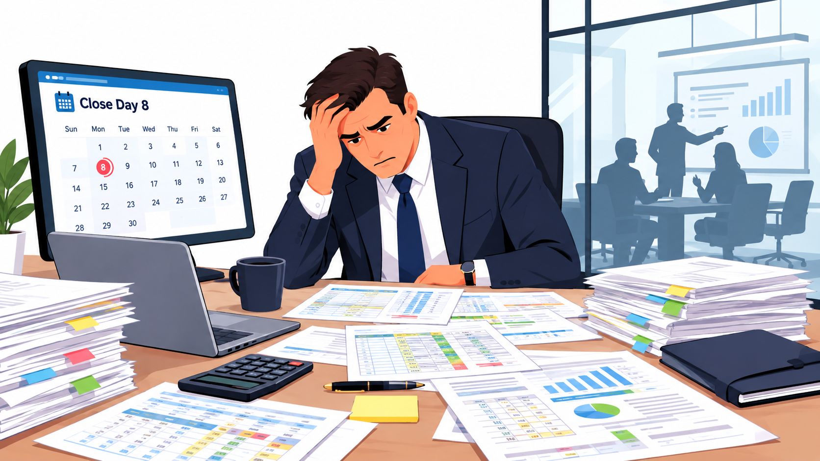 A stressed businessman sitting at a desk overflowing with paperwork and financial charts in an office.