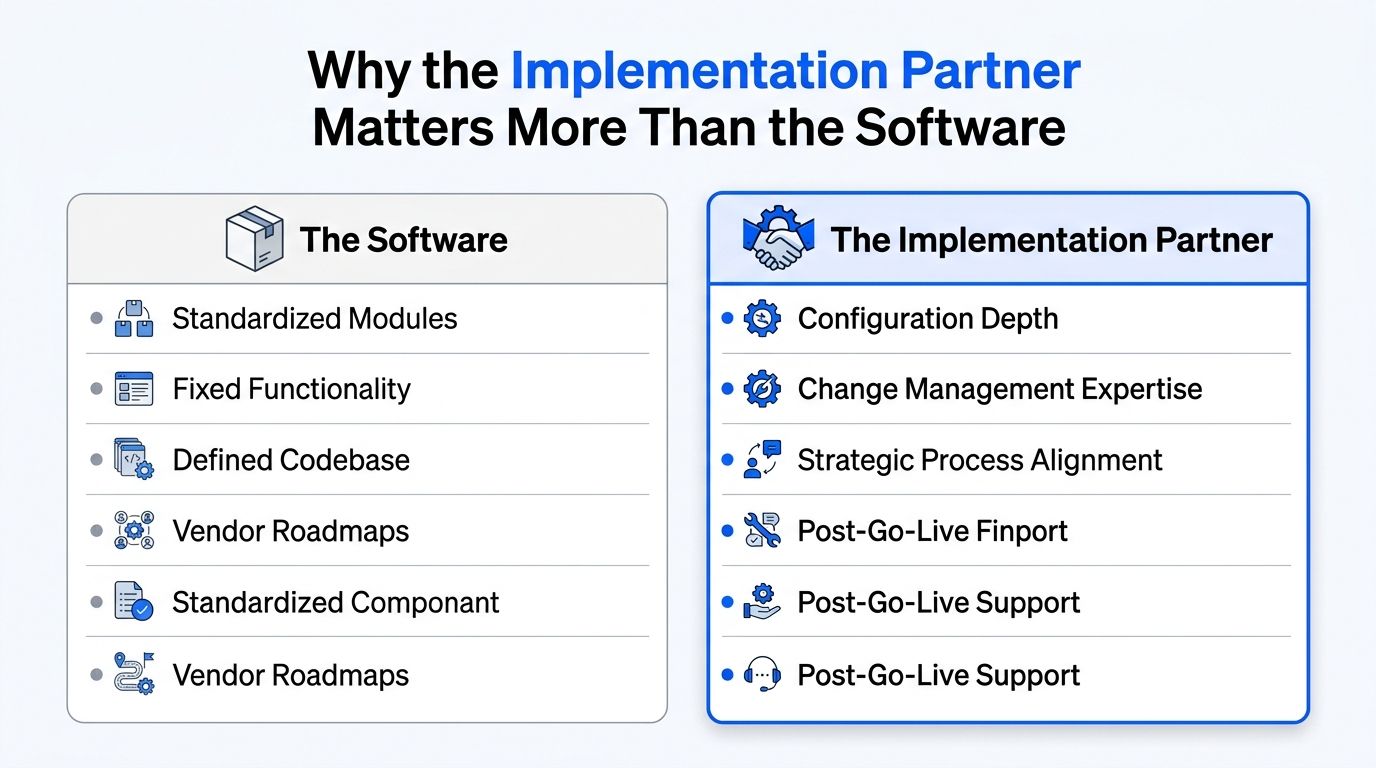 A comparison chart explaining why choosing the right implementation partner is more critical than the software itself.