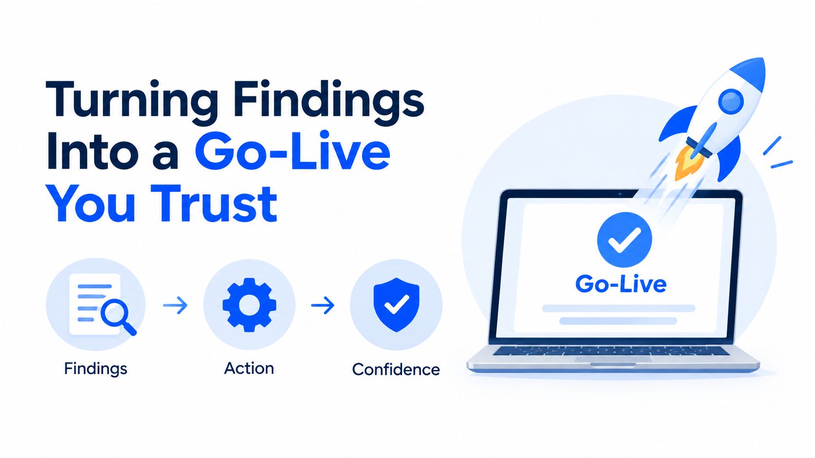 A conceptual graphic illustrating a process from findings to actionable steps and confident go-live implementation.