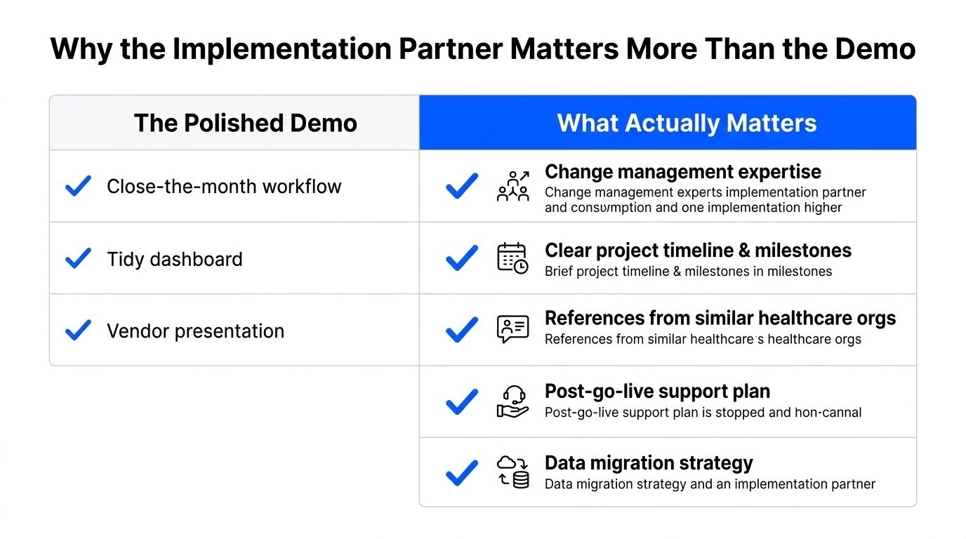 A comparison table contrasting features of a polished software demo versus essential implementation partner requirements.