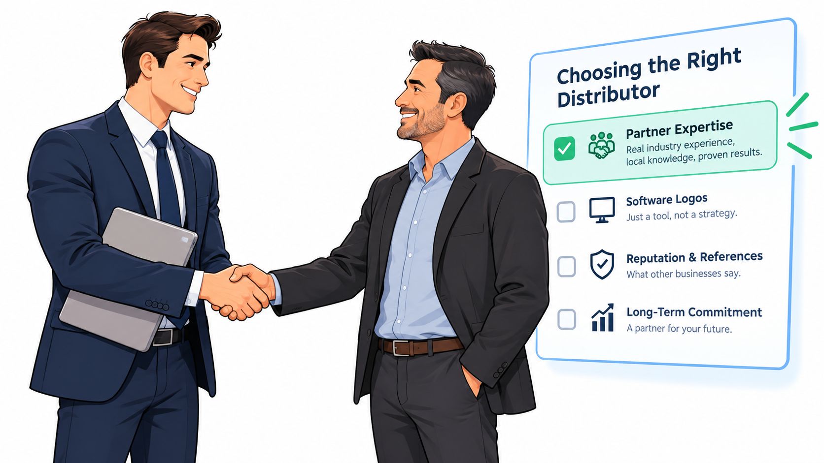 Two professional businessmen shaking hands in an office setting, highlighting factors for choosing a distribution partner.
