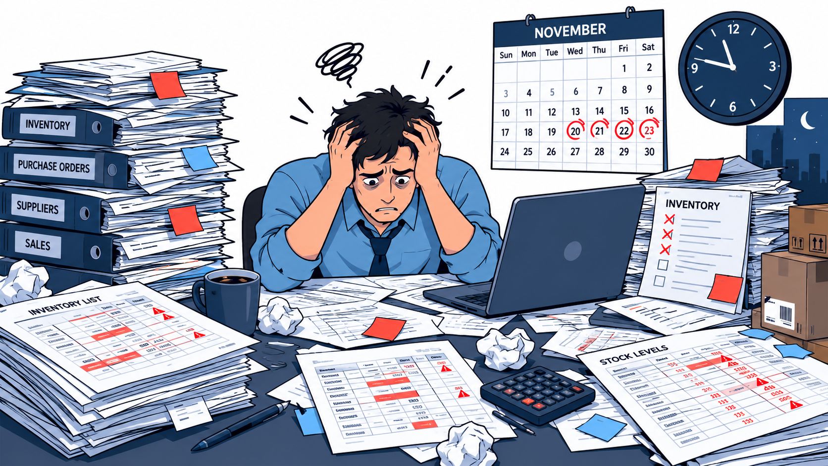 A stressed office worker overwhelmed by stacks of paperwork and inventory management tasks at a desk.