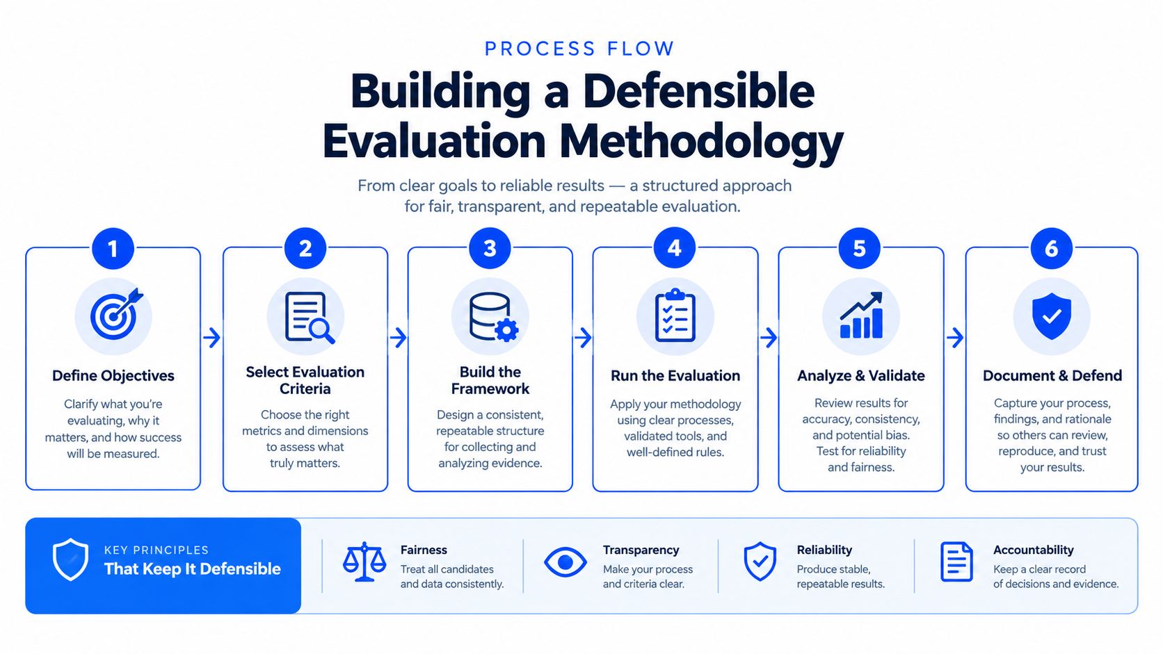 A six-step process flow infographic outlining a structured methodology for conducting a defensible and transparent evaluation.