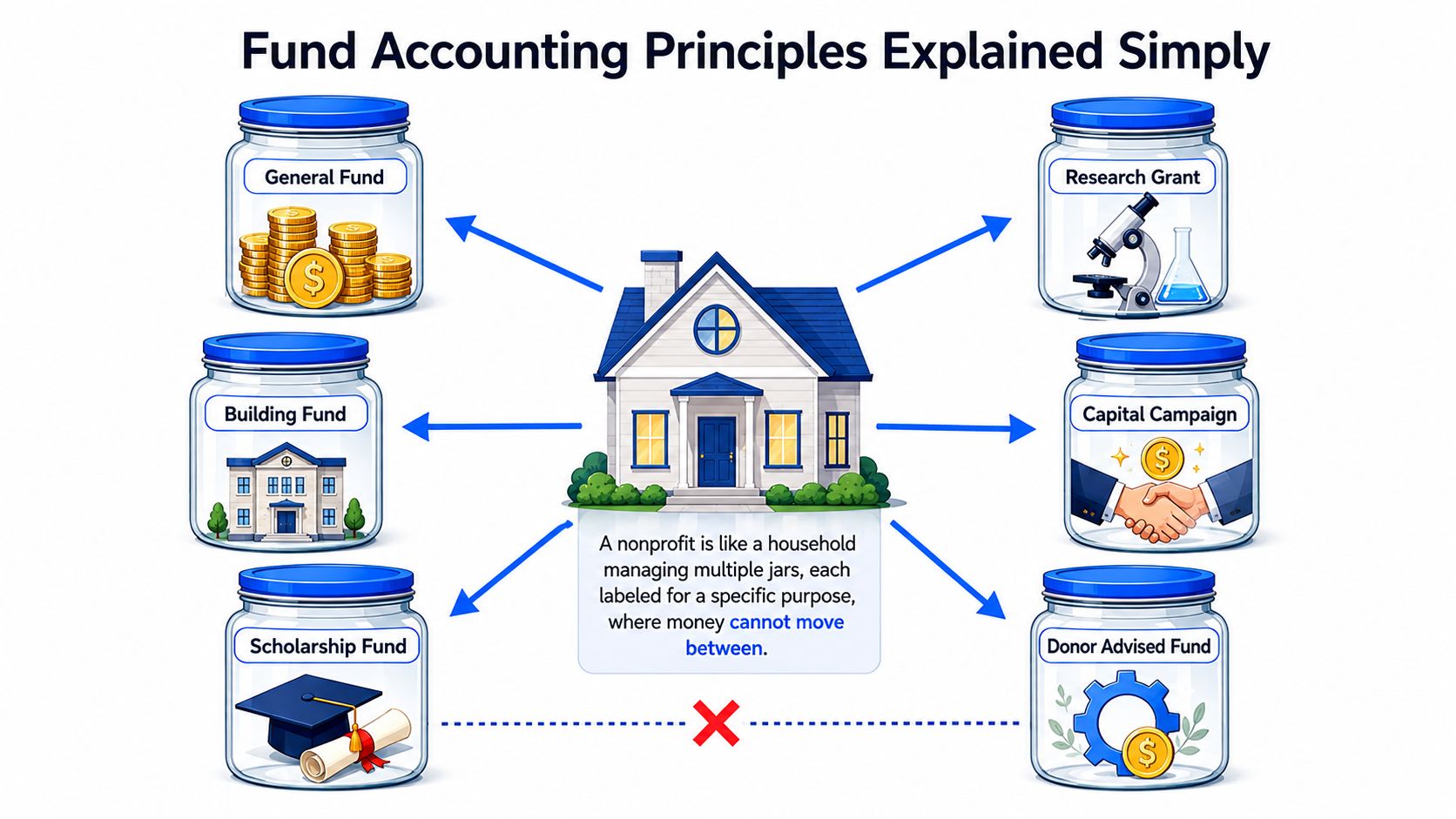 An infographic illustrating fund accounting for nonprofits by comparing separate fund jars to a single household.