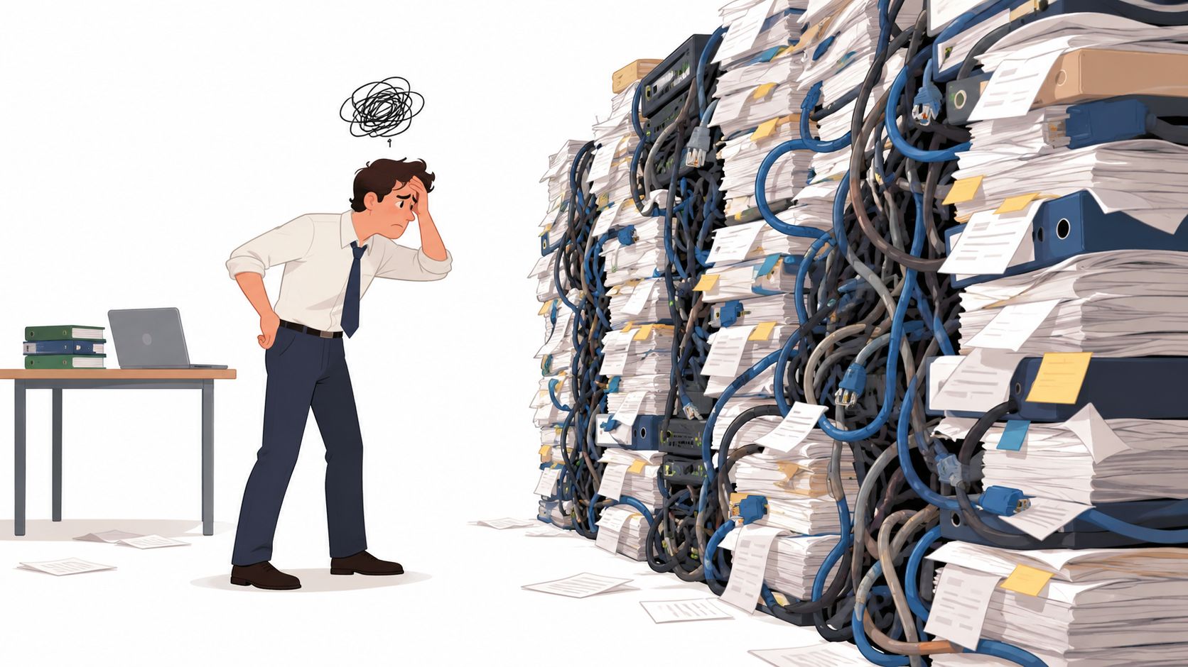 A stressed businessman looks at a chaotic, tangled mess of cables and piles of office paperwork.