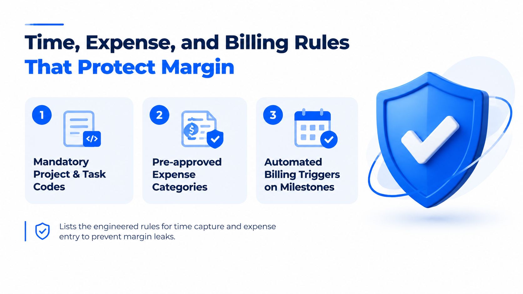 A graphic illustrating three project accounting rules to prevent margin leaks including project codes, expense categories, and milestones.
